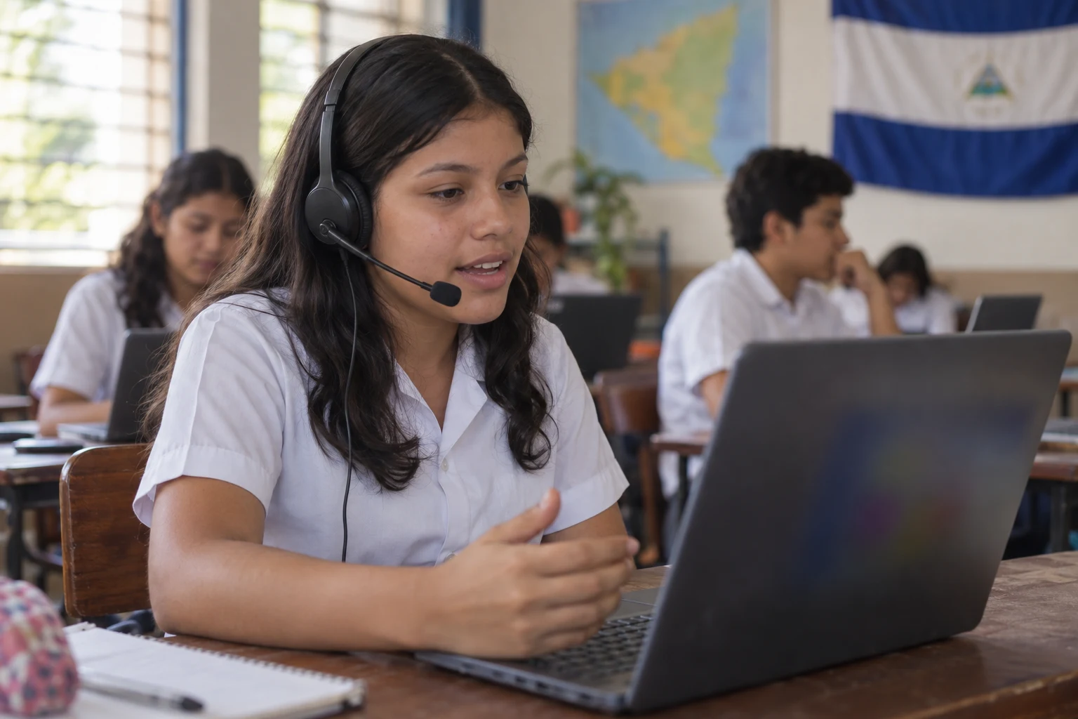 Estudiante practicando pronunciación en inglés con audífonos y micrófono